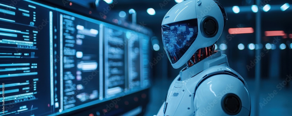 Poster a futuristic robot stands beside a glowing screen filled with data and codes in a high-tech environm