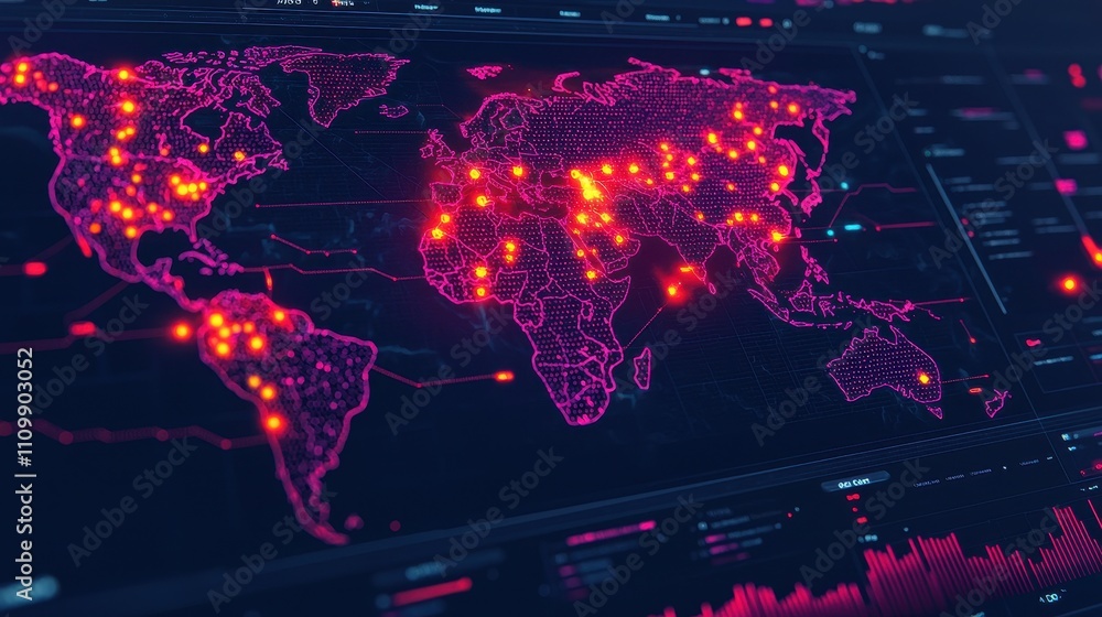 Poster a vibrant digital map showcasing global data points, highlighted in pink and orange, representing in