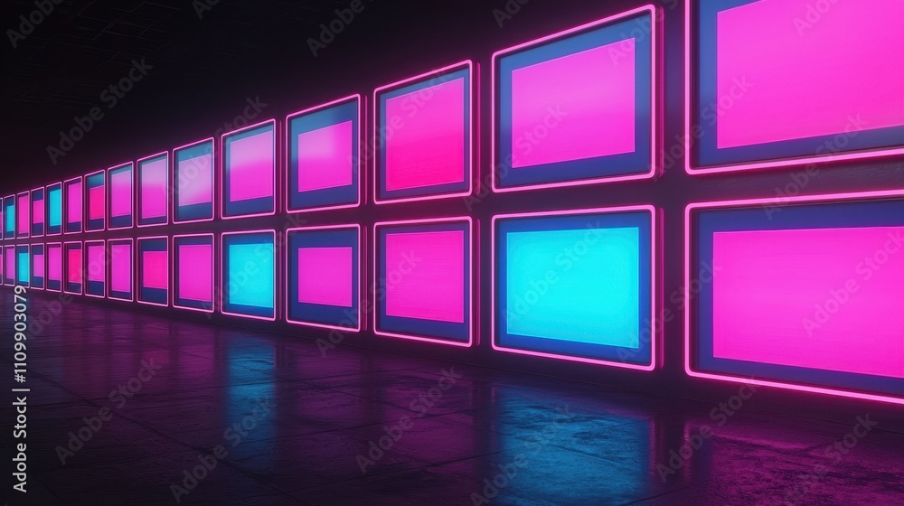 Poster a vibrant display of illuminated screens in pink and blue hues, creating a striking visual experienc