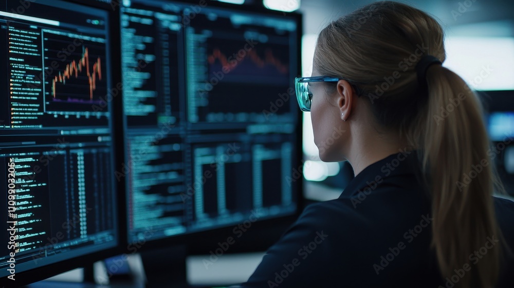 Poster a focused professional analyzes data on multiple screens, surrounded by graphs and code, embodying t