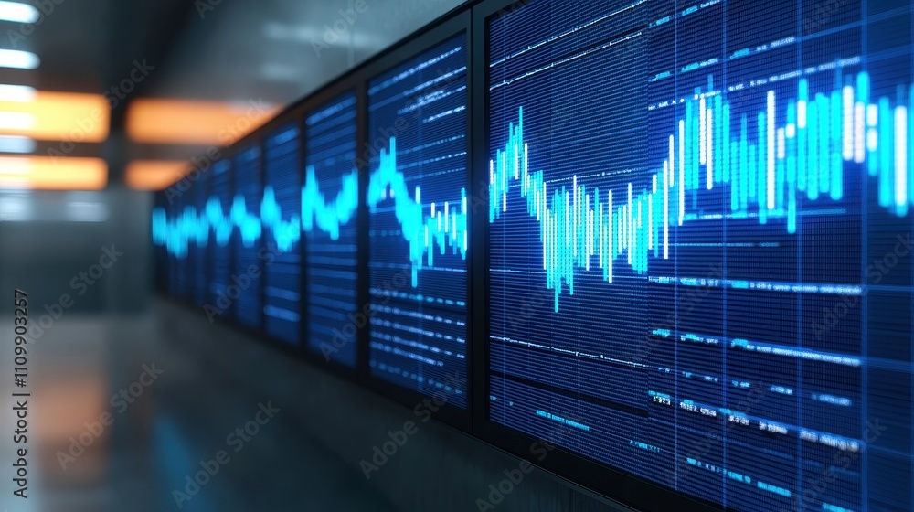 Poster the image depicts a series of digital screens displaying blue sound wave patterns, emphasizing data 