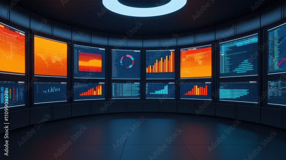 Poster a futuristic control room featuring multiple screens displaying colorful data visualizations and gra