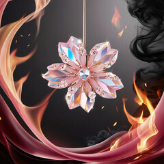 crystal cherry blossom flower in fire background, created by generative AI