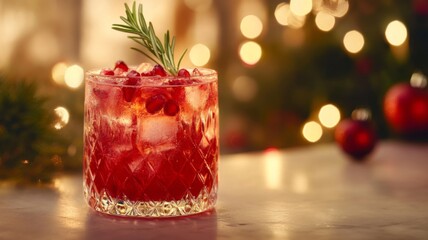 Rosemary-Garnished Pomegranate Cocktail in a Crystal Glass
