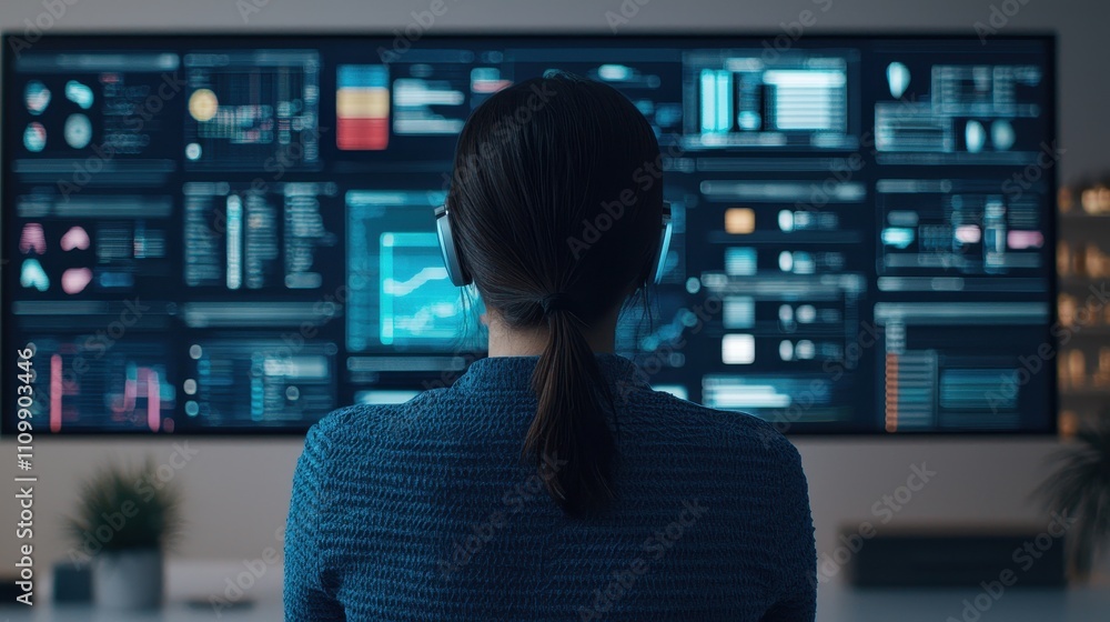 Poster a focused individual wearing headphones analyzes data displayed on a large screen filled with graphs