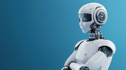 A futuristic humanoid robot with a sleek design stands against a blue background, showcasing advanced technology and artificial intelligence features.