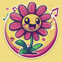 Fototapeta premium A cheerful cartoon flower character with a bright smile, dancing to music. Fun and colorful sticker-style illustration.