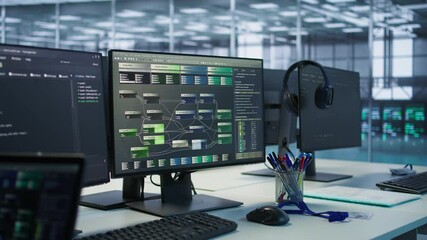Close up of computer displays in empty data center establishment monitoring hardware energy consumption. PC screens on server hub office desk showing programming software - Powered by Adobe