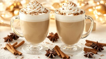 Two Cups of Spiced Coffee with Whipped Cream and Cinnamon Sticks