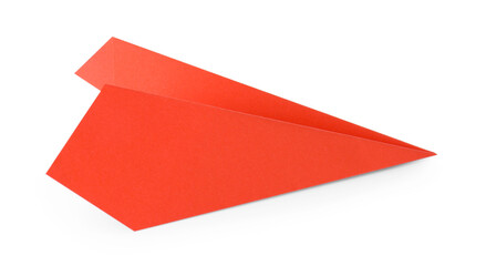 One handmade coral paper plane isolated on white