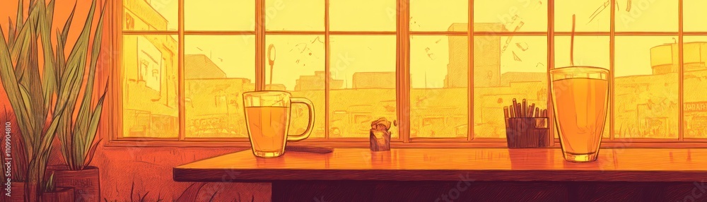 Poster a warm, inviting scene of a table with drinks and a view through a window.