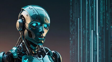 AI GENERATE, A futuristic robot design with glowing lines in gradients of teal and silver
