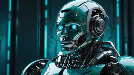 AI GENERATE, A futuristic robot design with glowing lines in gradients of teal and silver