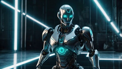 AI GENERATE, A futuristic robot design with glowing lines in gradients of teal and silver