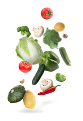 Different fresh vegetables in air on white background