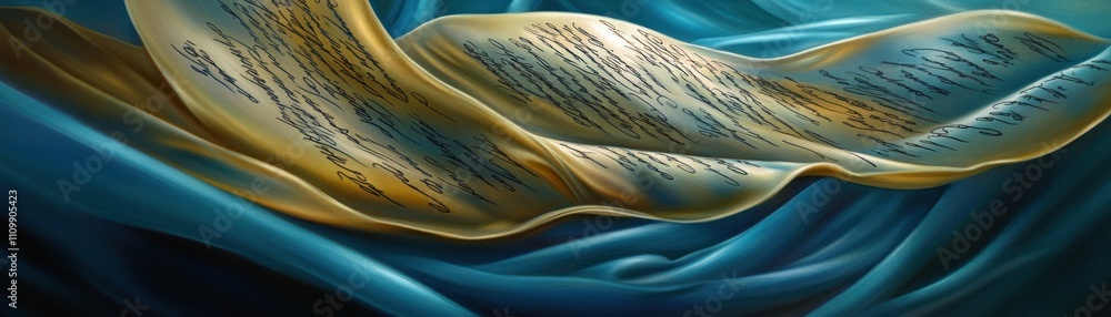 Poster a flowing scroll of text surrounded by waves of fabric, symbolizing knowledge and creativity.