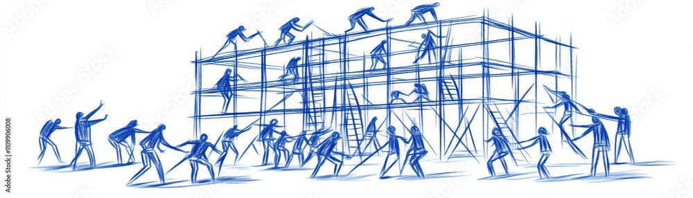 Poster a blue sketch depicting workers constructing a building with scaffolding.