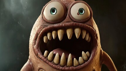 A cartoon monster with a fat body, many eyes, a wide mouth, and sharp teeth, designed in a playful and exaggerated style, emphasizing its quirky and intimidating appearance.