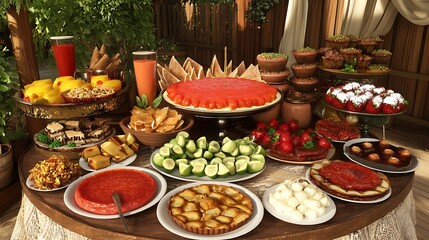 A vibrant spread of various foods and desserts arranged on a table for a festive gathering.