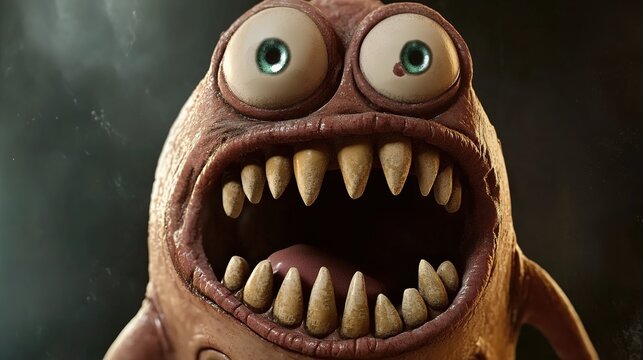A cartoon monster with a fat body, many eyes, a wide mouth, and sharp teeth, designed in a playful and exaggerated style, emphasizing its quirky and intimidating appearance.
