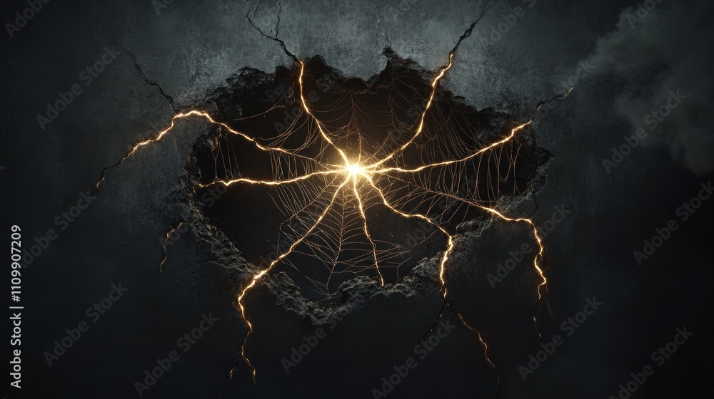 Poster a dramatic crack in a surface with a glowing web-like pattern emanating light.
