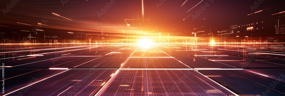 Aufkleber a futuristic landscape with light rays and grid patterns, symbolizing technology and innovation.