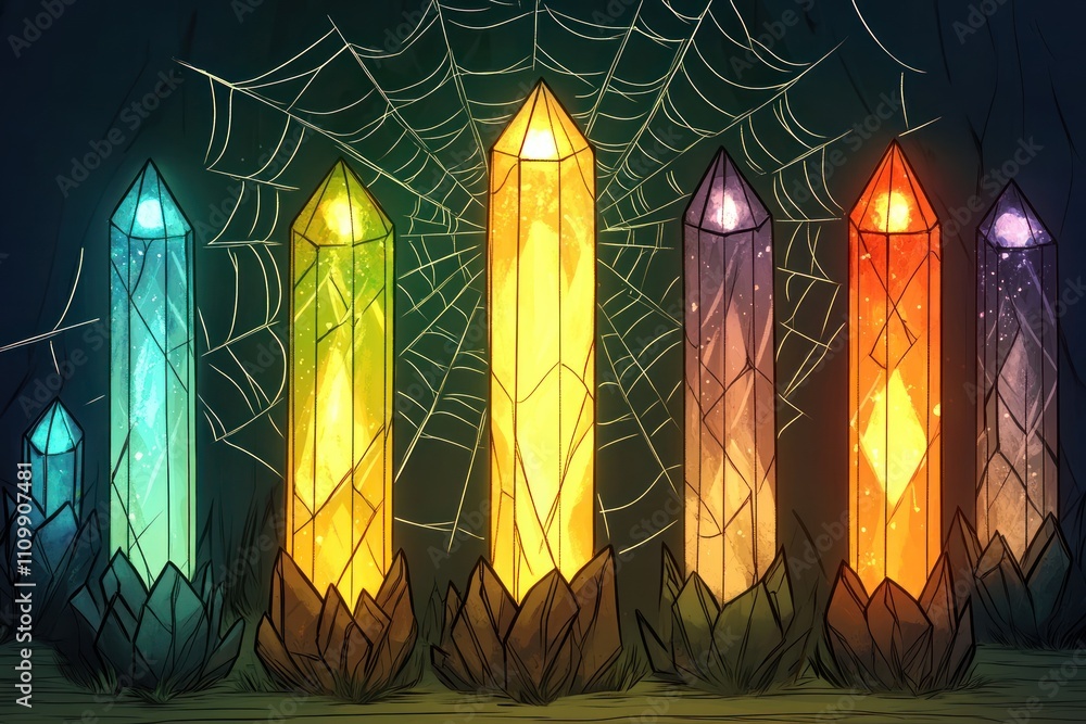 Poster a collection of colorful, glowing crystals surrounded by a web in a dark setting.