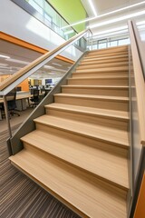 Obraz premium Modern office staircase with wooden steps and glass railing in a bright workspace.