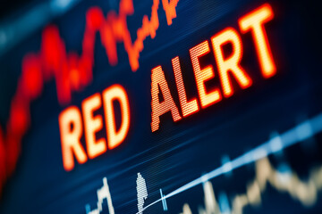 A large "RED ALERT" text over declining stock market graphs, representing a financial crisis, with copy space. Bright dramatic light.