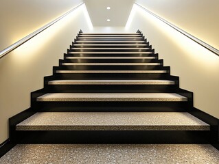 Fototapeta premium A modern staircase leading upward, illuminated by soft lighting.