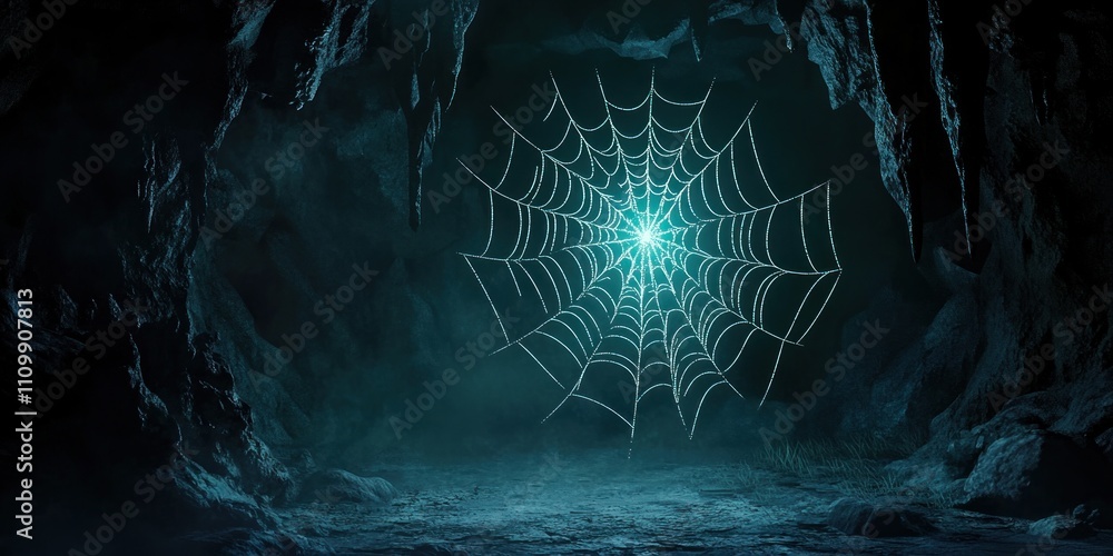 Poster a luminous spider web glows in a dark cave, creating an eerie atmosphere.