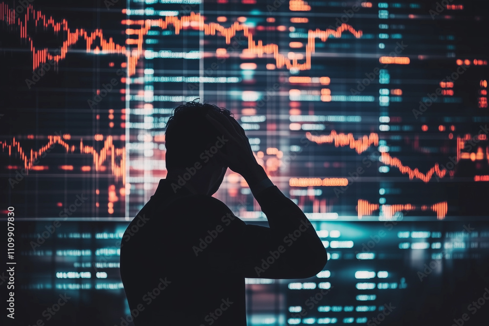 Poster a stressed businessman with his hand on his head, standing in front of a large screen displaying fal