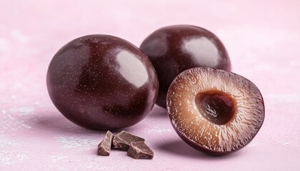 Fototapeta premium Plum fruit covered by chocolate sweet snack for tea time