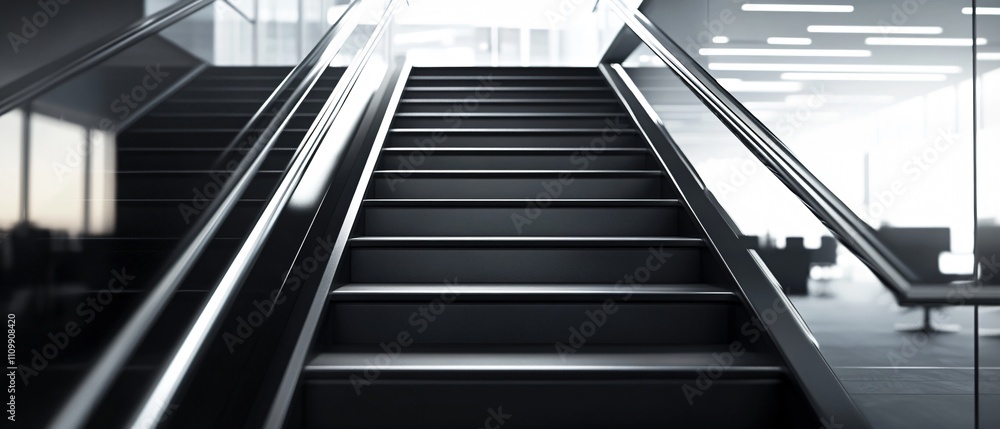 Poster a modern staircase in a sleek office environment, emphasizing design and functionality.