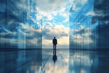 Obraz premium Businessman Contemplating Future in Modern Cityscape. Concept of Leadership, Vision, and Success.