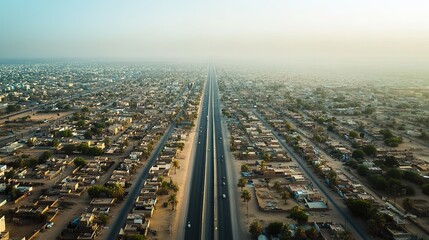 Fototapeta premium A captivating landscape featuring a city on the left, a vast desert on the right, and a road running through the center, perfectly dividing the urban and natural worlds in a striking contrast.
