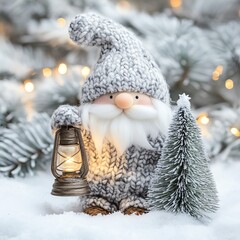 Obraz premium Cozy gnome in winter snow landscape.