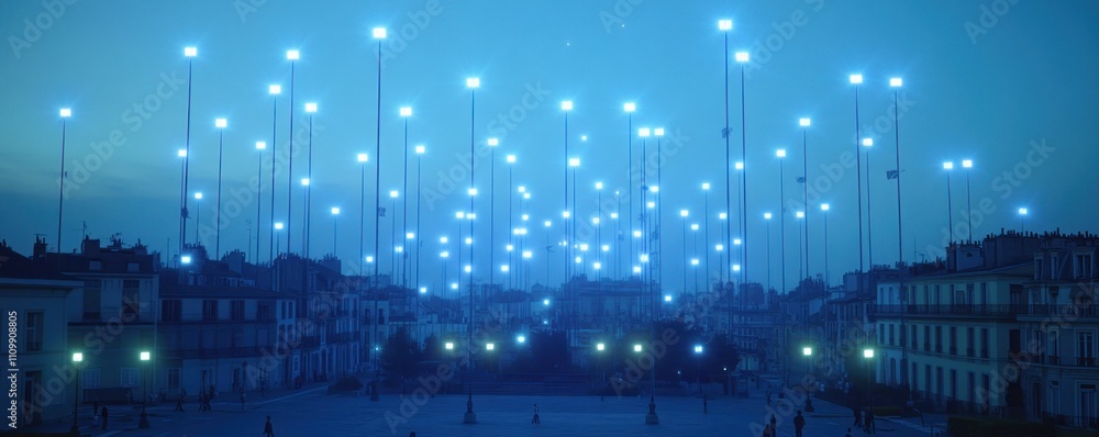 Poster A nighttime scene featuring illuminated poles creating a vibrant light display in an urban setting.
