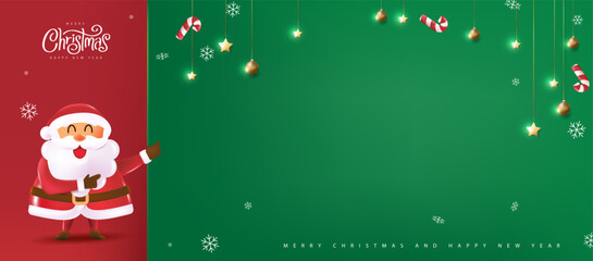 Merry Christmas banner background with Santa Claus pointing to empty space