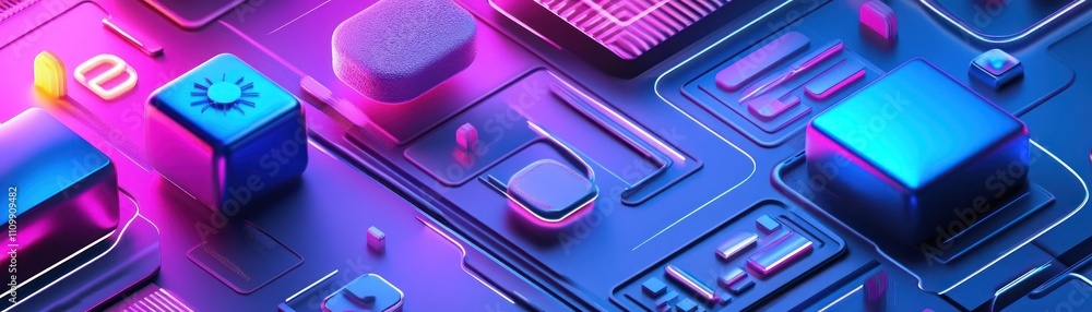 Poster abstract digital design featuring colorful circuit elements and geometric shapes.
