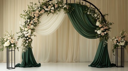 Elegant wedding ceremony arch decorated with cream and blush roses, greenery, and emerald green drapes.