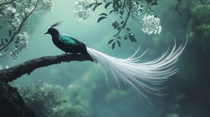 Elegant Astrapia Perched on Tree Branch