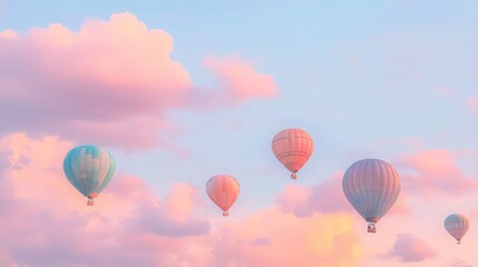 Obraz premium A cluster of gentle pastel hot air balloons drift softly among voluminous pink clouds set against a clear blue sky.