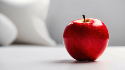 A Single Bright Red Apple on a Crisp White Minimalist Table Fruit Presentation Photo