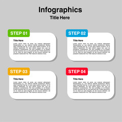 Four step process infographic displays text boxes and titles.