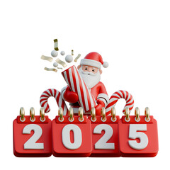 Santa Claus holding fireworks behind 2025 3d new year illustration