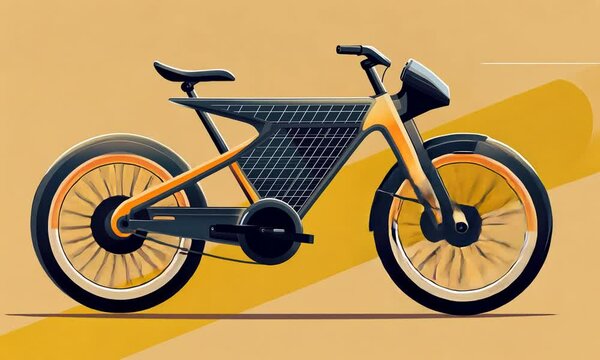 A stylized electric bike with a sleek design and solar panel-like features.