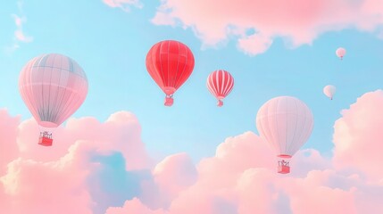 Obraz premium Several large passenger hot air balloons float peacefully across a vibrant blue sky filled with puffy, cotton-candy pink clouds.