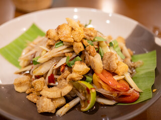 Delicious thai som tum salad preparation thailand food restaurant close-up culinary delight