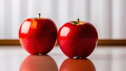 Shiny Red Apple Resting on White Table in Modern Minimalist Aesthetic Fruit Presentation Photo